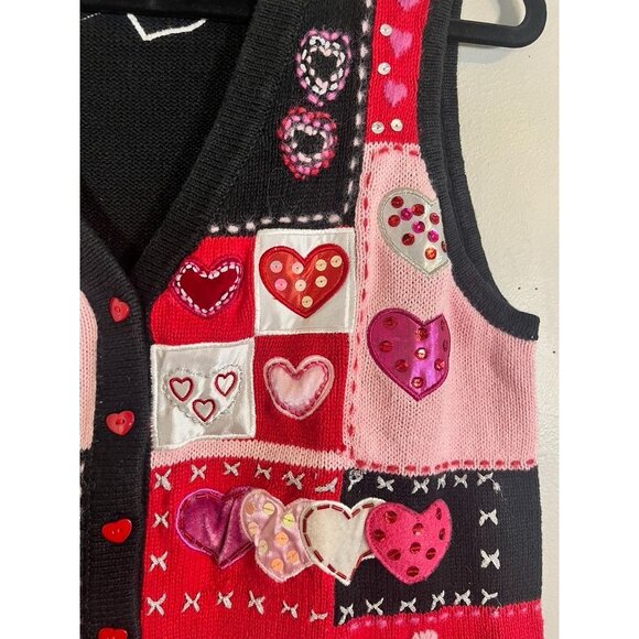 Retro Valentine Sweater Knit Vest Pink 12 Beaded Patchwork Classic Chic Metallic - Picture 9 of 11